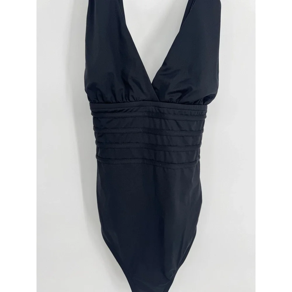 La Blanca Sz 12 Black V-Neck One-Piece Swimsuit Ruched Criss Cross Back Straps